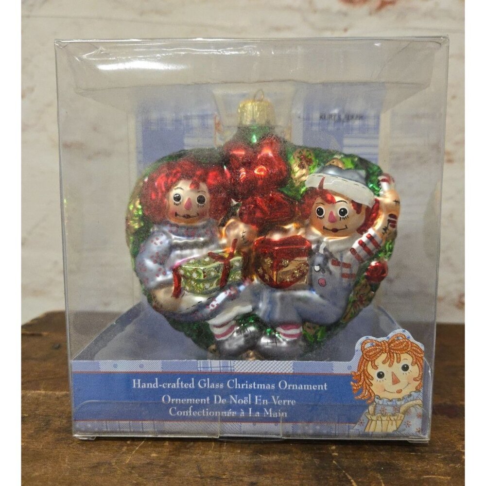 Kurt S Adler Glass Heart Shaped Ornament Raggedy Ann & Andy Handcrafted Boxed